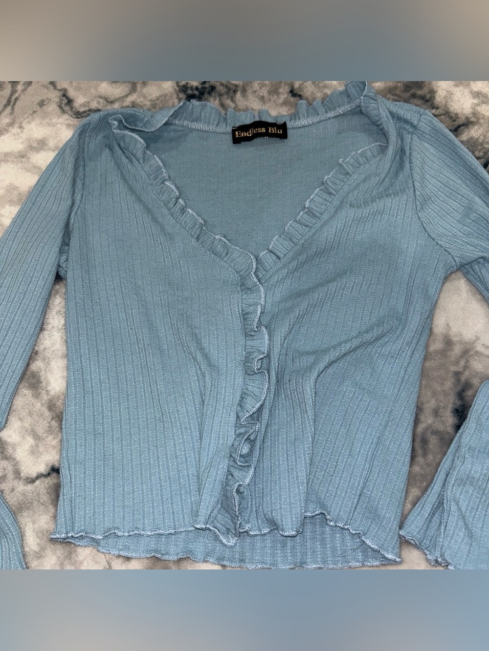 Endless Blu Light Blue Ruffle-Trim Ribbed Long Sleeve Top